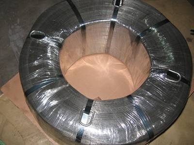 One coil of annealed wire packaged with belts and plastic film.