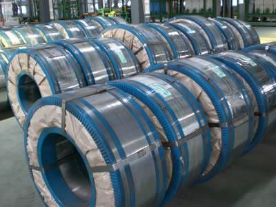 Hot-Dipped galvanized steel strip coils packaged in spool with moisture-proof paper and baling strip.