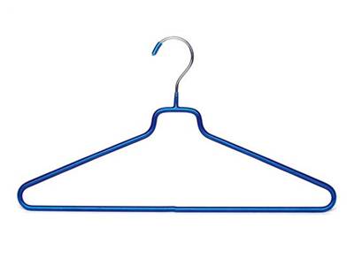 A wire hanger with blue PVC coated surface.